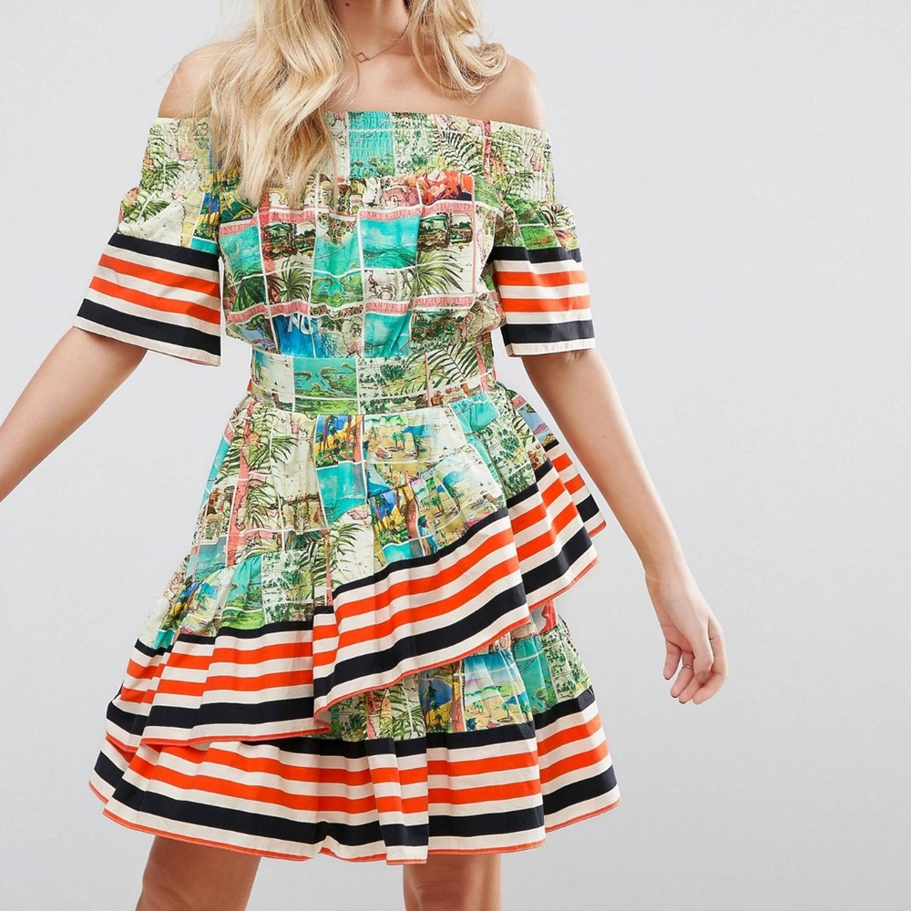 ASOS postcard print off the shoulder stripe dress size 8